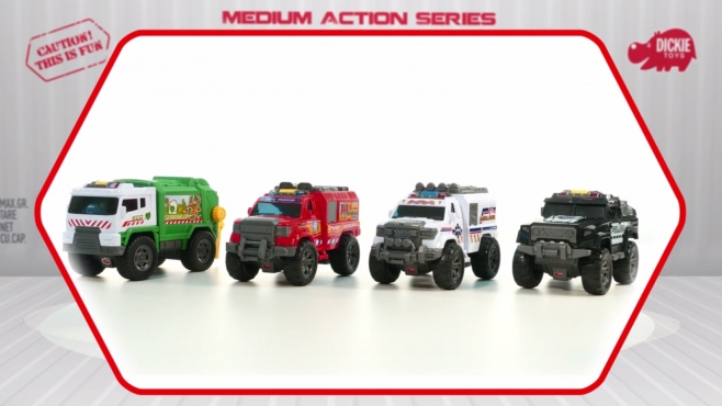Police Unit, Ambulance, Fire Rescue, Garbage Truck - Action Series - Dickie Toys